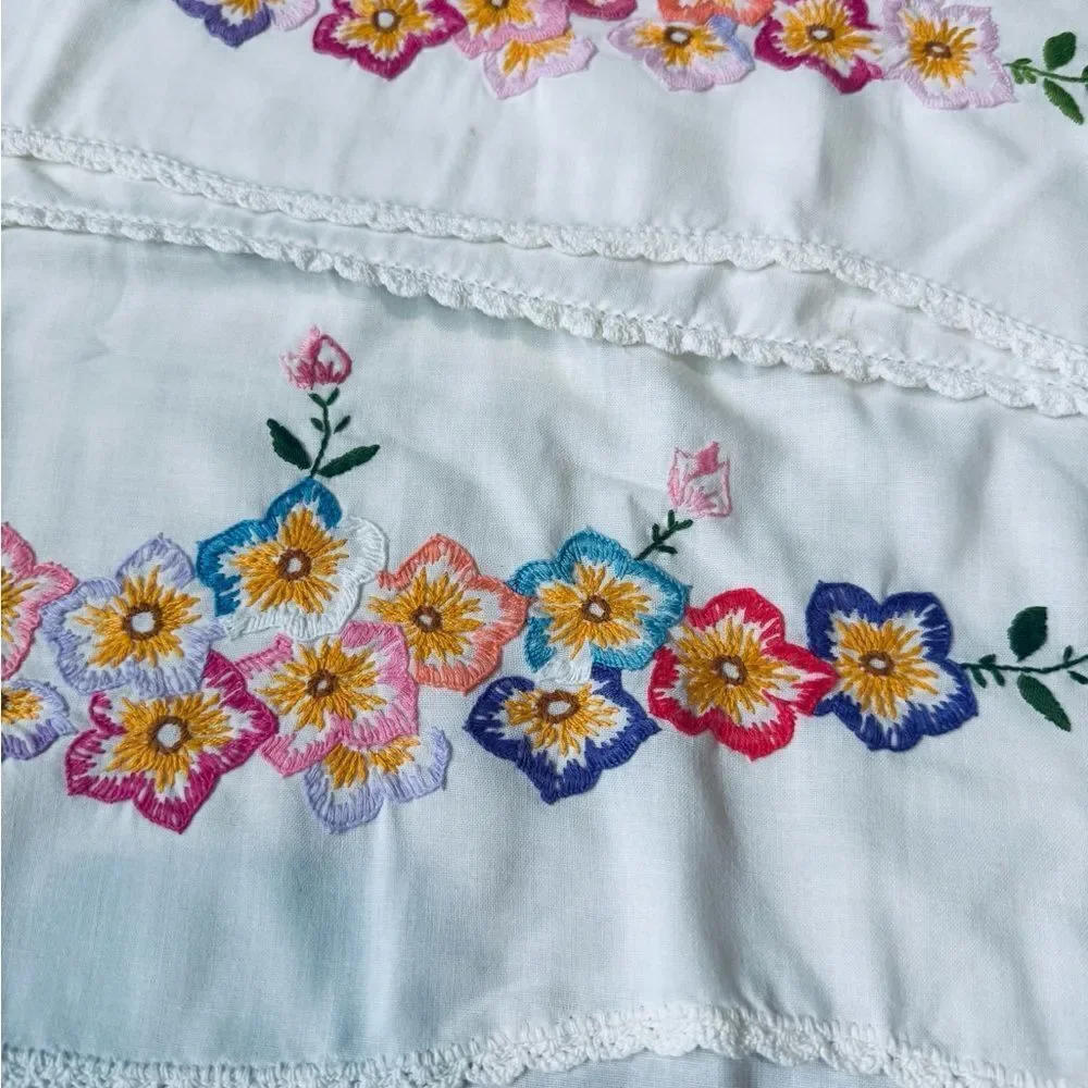 Vintage Antique Embroidered Floral Pillowcases Set